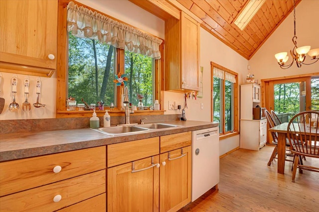 24 Glen Rd, Lake Ariel, PA 18436 - kitchen featuring dishwasher, a chandelier, light wood-type flooring, a sink, and hanging light fixtures