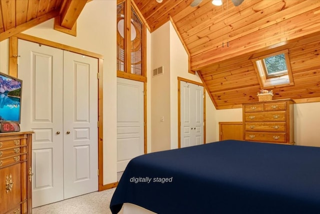 24 Glen Rd, Lake Ariel, PA 18436 - bedroom with multiple closets, wooden ceiling, a skylight, and light carpet