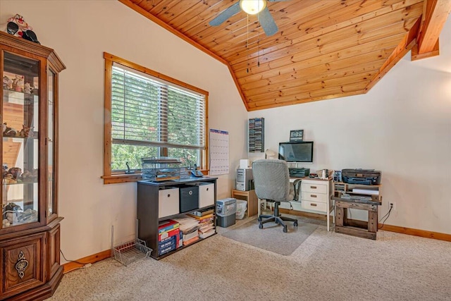 24 Glen Rd, Lake Ariel, PA 18436 - office featuring wooden ceiling, lofted ceiling, a ceiling fan, carpet floors, and baseboards