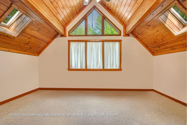 24 Glen Rd, Lake Ariel, PA 18436 - additional living space featuring carpet, baseboards, vaulted ceiling, a skylight, and wooden ceiling