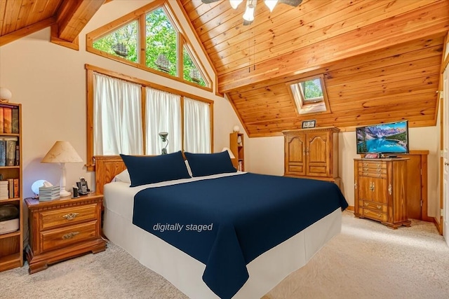 24 Glen Rd, Lake Ariel, PA 18436 - bedroom with light carpet, a skylight, vaulted ceiling, and wooden ceiling