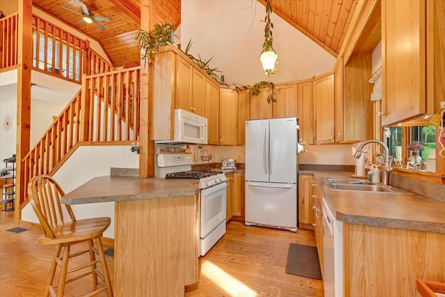 24 Glen Rd, Lake Ariel, PA 18436 - kitchen with white appliances, wooden ceiling, a sink, light wood-type flooring, and a peninsula
