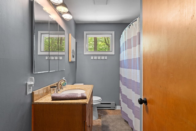 8 Big Boulder Rd, Lake Harmony, PA 18624 - bathroom featuring a baseboard radiator, vanity, toilet, and a shower with shower curtain