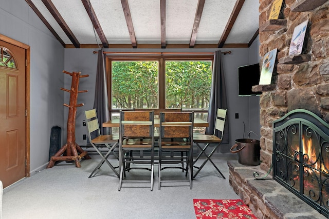 8 Big Boulder Rd, Lake Harmony, PA 18624 - dining room featuring carpet, a fireplace, and baseboards