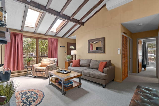 8 Big Boulder Rd, Lake Harmony, PA 18624 - carpeted living room featuring beam ceiling, high vaulted ceiling, and a wall mounted AC
