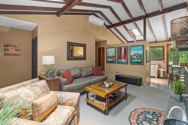 8 Big Boulder Rd, Lake Harmony, PA 18624 - carpeted living room featuring beam ceiling, high vaulted ceiling, and wood walls