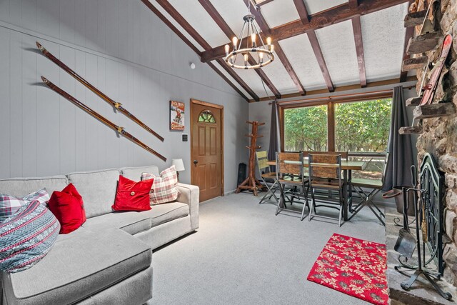 8 Big Boulder Rd, Lake Harmony, PA 18624 - carpeted living area with a chandelier, beam ceiling, and high vaulted ceiling