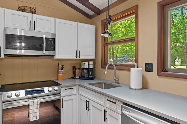 8 Big Boulder Rd, Lake Harmony, PA 18624 - kitchen with stainless steel appliances, a sink, light countertops, and white cabinetry
