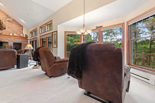 carpeted living area featuring plenty of natural light, a baseboard radiator, a brick fireplace, and vaulted ceiling