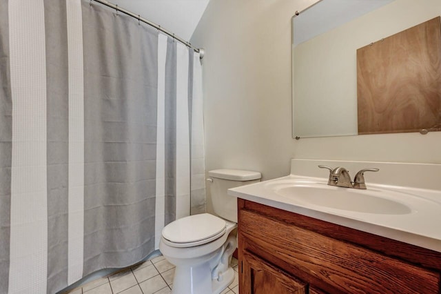 full bathroom with tile patterned flooring, a shower with shower curtain, toilet, and vanity