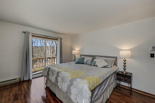 bedroom featuring access to outside, baseboard heating, baseboards, and dark wood-style flooring