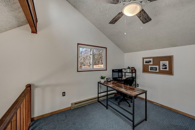 home office with a ceiling fan, a baseboard heating unit, a textured ceiling, carpet floors, and lofted ceiling