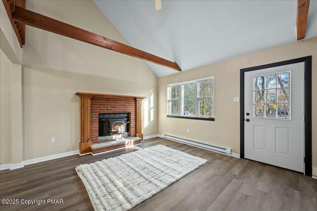 unfurnished living room with dark wood-style floors, baseboards, lofted ceiling with beams, and baseboard heating