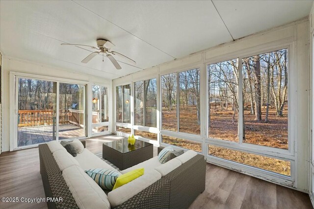 sunroom featuring a ceiling fan