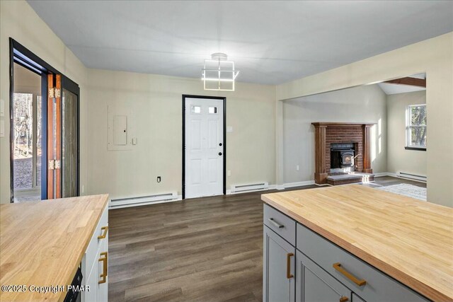 kitchen featuring a baseboard radiator, butcher block counters, and gray cabinets