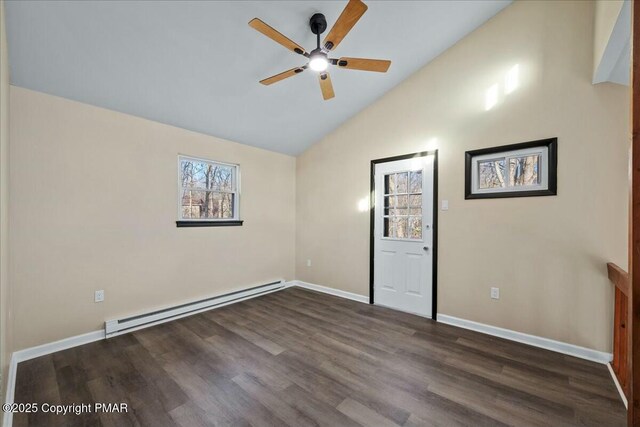 spare room featuring a baseboard radiator, dark wood-style flooring, a ceiling fan, baseboards, and vaulted ceiling