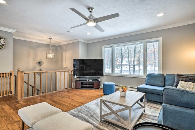 living room featuring ornamental molding, wood finished floors, and a baseboard radiator