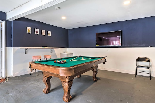 playroom featuring recessed lighting, baseboards, concrete flooring, and pool table