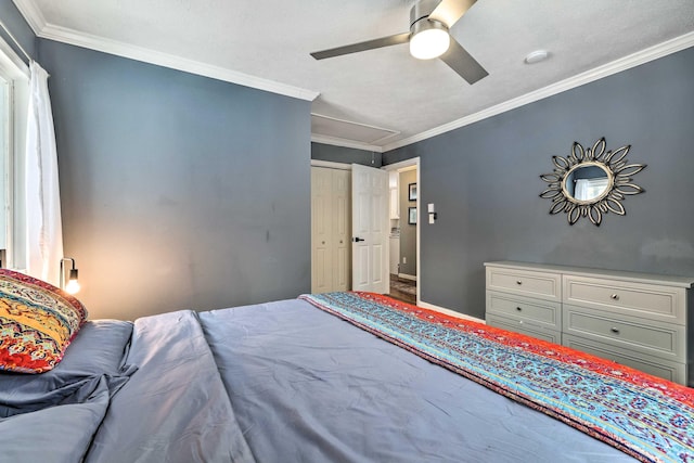 unfurnished bedroom featuring a closet, a ceiling fan, and crown molding