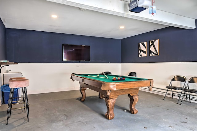 playroom featuring pool table, recessed lighting, baseboards, and concrete flooring