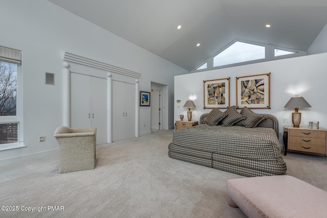 bedroom with high vaulted ceiling, carpet floors, visible vents, and recessed lighting