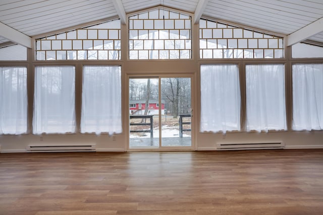 unfurnished sunroom with vaulted ceiling with beams and a baseboard radiator