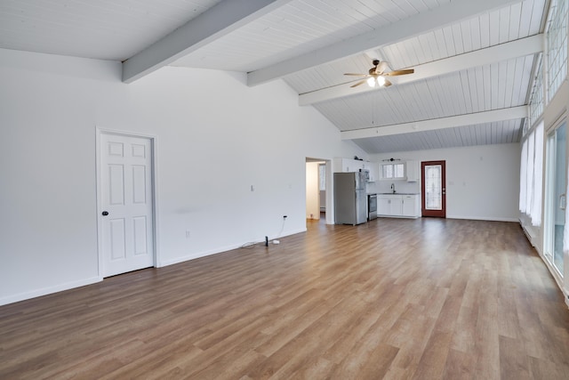 unfurnished living room with baseboards, light wood-style flooring, a sink, ceiling fan, and beamed ceiling