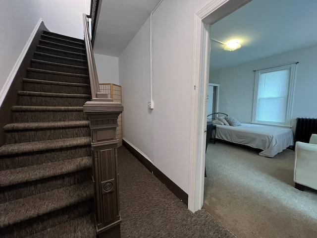 staircase featuring carpet flooring and baseboards