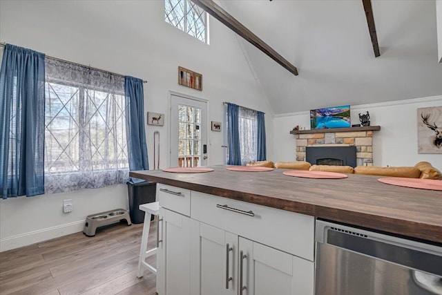 kitchen with a wealth of natural light, a stone fireplace, wooden counters, and dishwasher