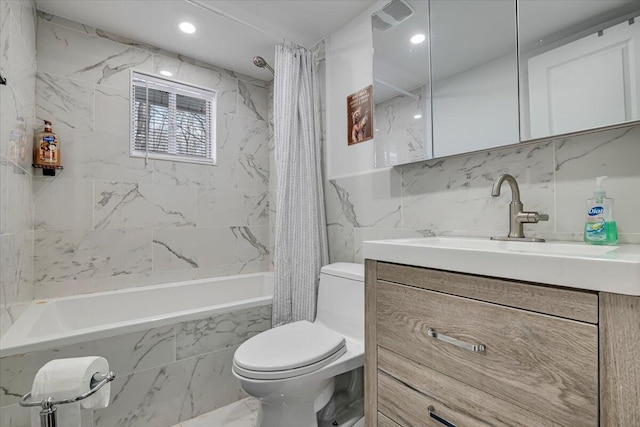 bathroom with vanity, visible vents, shower / bath combo, toilet, and marble finish floor