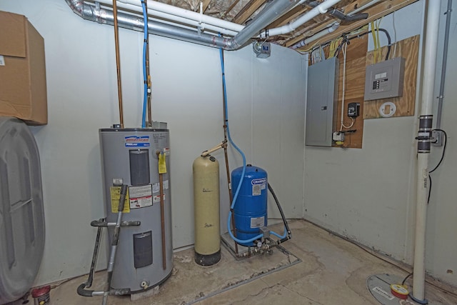 utility room with electric panel, electric water heater, and heating fuel