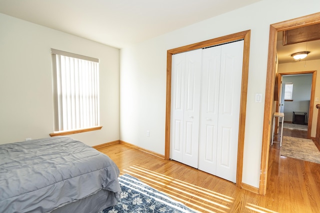 bedroom featuring a closet, multiple windows, wood finished floors, and baseboards
