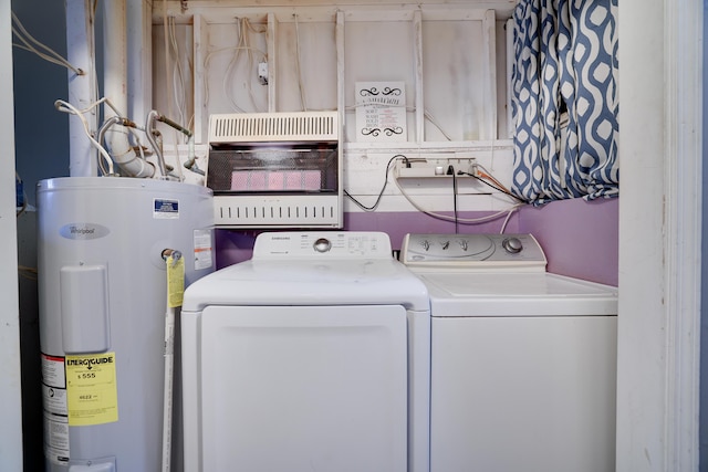 laundry area with independent washer and dryer, electric water heater, and heating unit