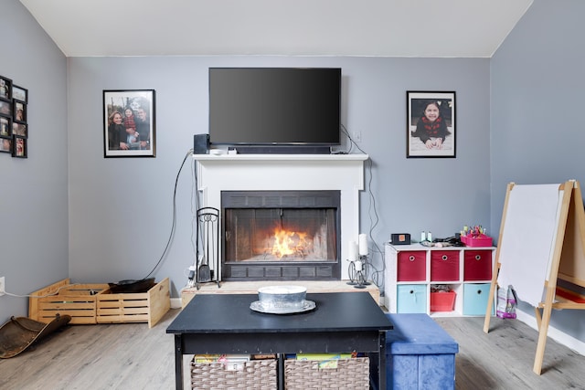 interior space featuring a lit fireplace and wood finished floors