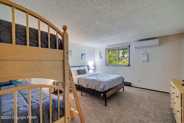 bedroom featuring baseboards, a baseboard radiator, a textured ceiling, carpet flooring, and a wall mounted AC