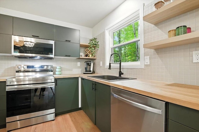 754 Clubhouse Dr, East Stroudsburg, PA 18302 - kitchen featuring appliances with stainless steel finishes, open shelves, green cabinets, and tasteful backsplash