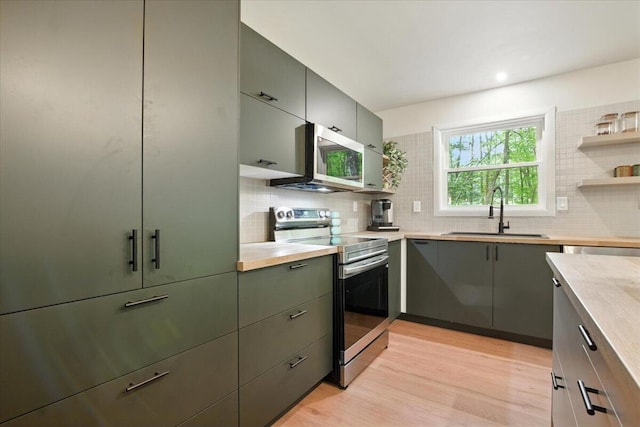 754 Clubhouse Dr, East Stroudsburg, PA 18302 - kitchen with appliances with stainless steel finishes, backsplash, light wood-style floors, light countertops, and open shelves