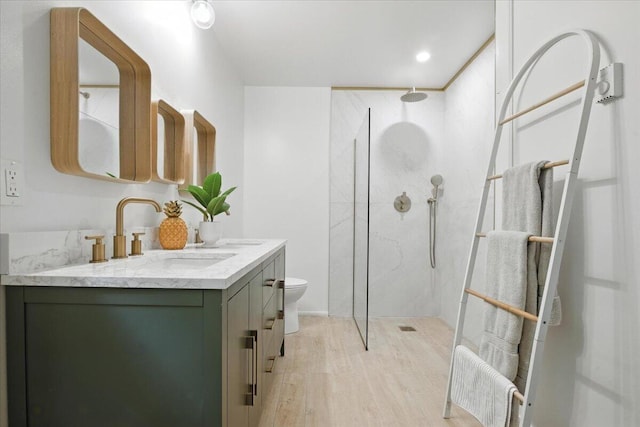 754 Clubhouse Dr, East Stroudsburg, PA 18302 - bathroom with vanity, a marble finish shower, and wood finished floors