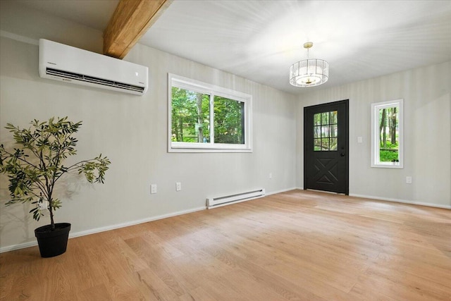 754 Clubhouse Dr, East Stroudsburg, PA 18302 - foyer entrance featuring an AC wall unit, a baseboard heating unit, light wood-type flooring, a chandelier, and beamed ceiling