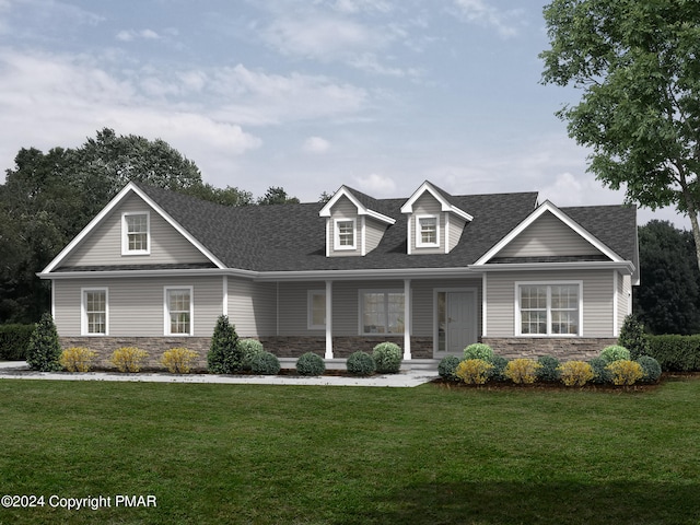 view of front of home featuring covered porch, stone siding, roof with shingles, and a front yard