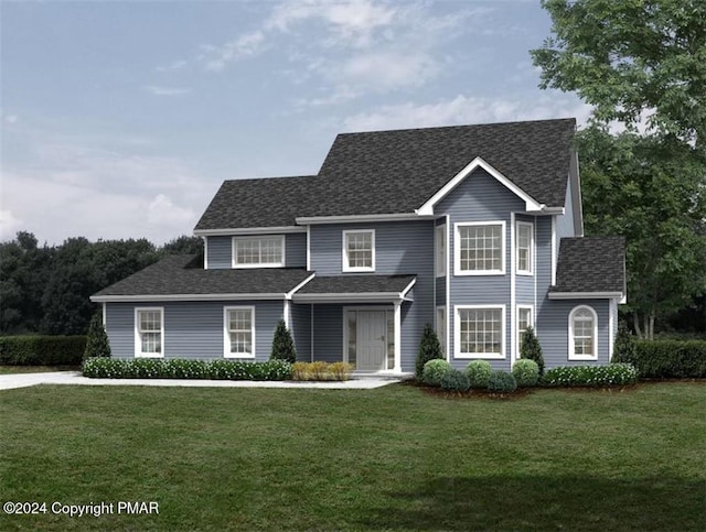 view of front of property featuring roof with shingles and a front yard