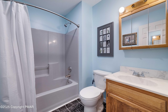 full bathroom with vanity, tile patterned floors, toilet, and shower / bath combo with shower curtain