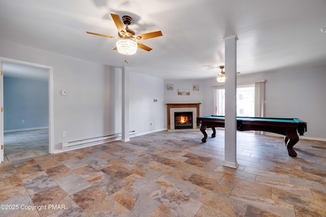 playroom featuring ceiling fan, a baseboard radiator, and pool table