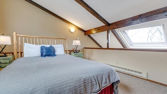 carpeted bedroom with lofted ceiling with beams and baseboard heating