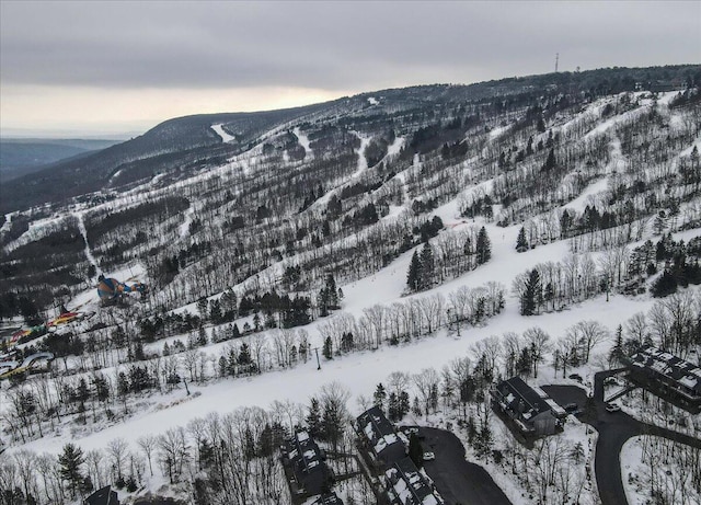 snowy aerial view with a mountain view