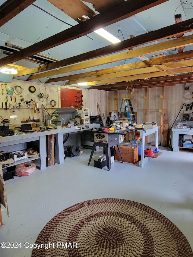 basement with a workshop area