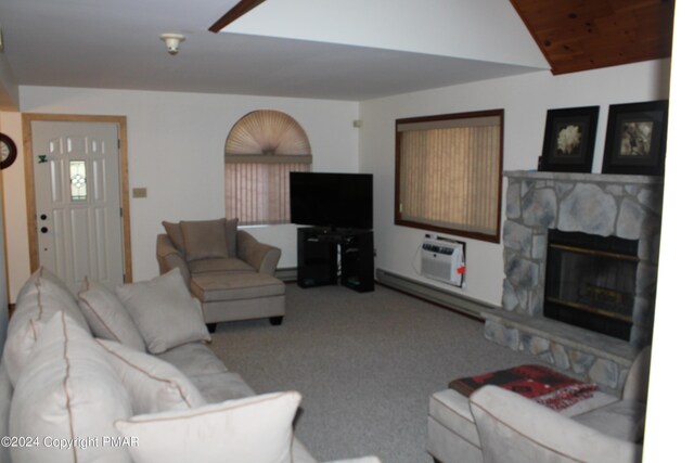 101 Withywindle Way, Tamiment, PA 18371 - carpeted living area featuring a stone fireplace, vaulted ceiling, a wall mounted air conditioner, and wood ceiling