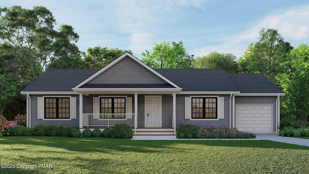 ranch-style house with a garage, a porch, and a front yard