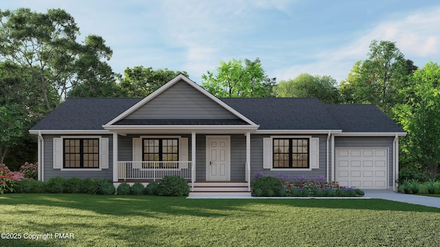 ranch-style home featuring driveway, a front lawn, covered porch, a shingled roof, and a garage