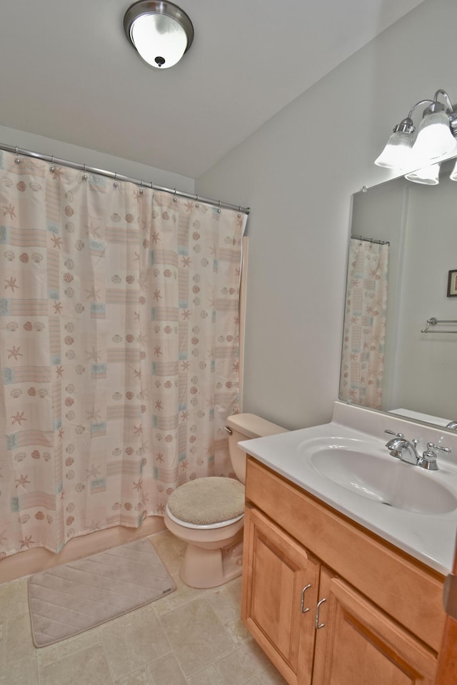 full bathroom with toilet, a shower with curtain, and vanity